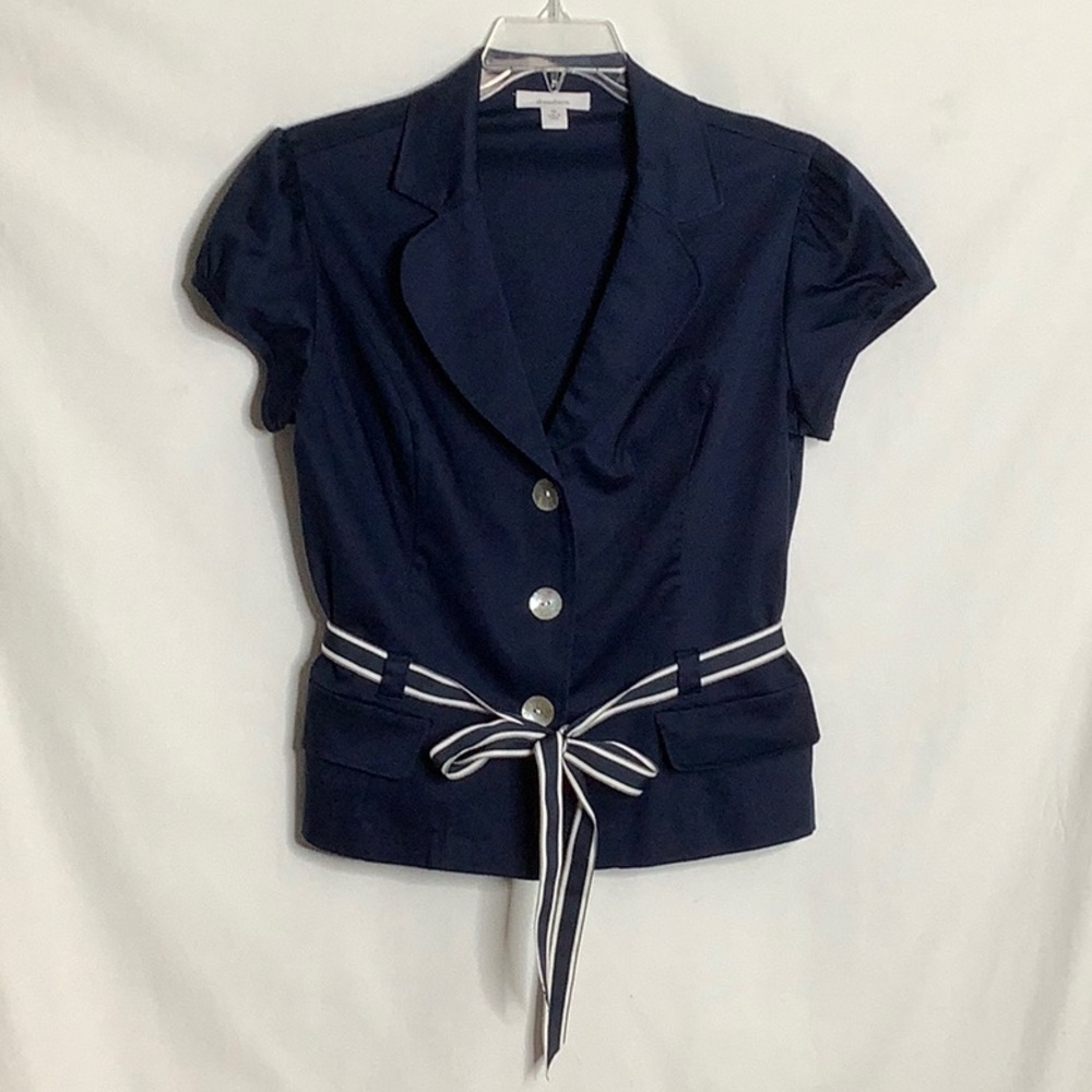 Dressbarn Navy Short Sleeve Blazer Top with Striped Belt Size 14 Career Office - Picture 8 of 16